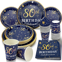 80Th Birthday Decorations Plates and Napkins Blue and Gold, Service for 30 - £22.72 GBP