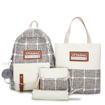 4pcs/set Women Casual Canvas Backpack Preppy Style Plaid Printing Student School - £94.74 GBP