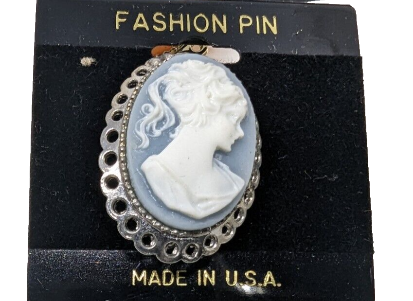 Vintage Blue CAMEO PIN  silvertone Brooch Jewelry New pony tail girl Mad... - $13.96