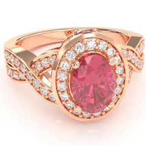 Three Stone Pink Tourmaline Diamond Halo Engagement Ring In 14k Rose Gold - £761.05 GBP