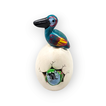 Hatched Egg Pottery Bird Blue Pelican Green Parrot Mexico Hand Painted C... - $14.83