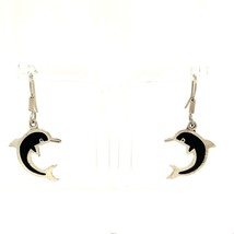 Vtg Sterling Signed 925 Leaping Dolphin Inlaid Black Onyx Dangle Hook Earrings - £31.29 GBP