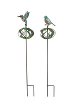 Set of 2 Metal Garden Stake Wind Spinners Hummingbird Robin Outdoor Décor - £23.34 GBP