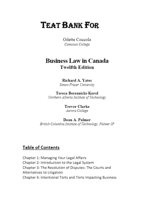 Test Bank For Business Law in Canada, 12th Edition by Richard A. Yates, ... - $17.99