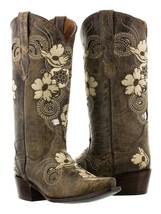 Womens Brown Floral Embroidered Western Cowgirl Boots Snake Leather Snip Toe - £86.79 GBP