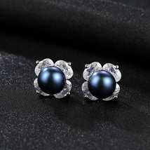 Zircon Flower Earrings 925 Silver Elegant Black Freshwater Pearl Big Ear Stud Fl - £25.39 GBP