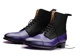Handmade Purple &amp; Black Leather Boots, Dress Fashion Leather Two Color Boots - £127.07 GBP