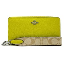 Coach Long Zip Around Wallet With Signature Canvas Key Lime Yellow Leath... - $295.02