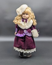VTG Porcelain Doll Purple Velvet Lace Trimmed Dress on Stand. Adorable! EVC - £14.37 GBP