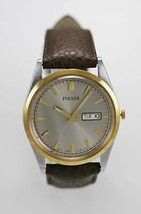 Pulsar Orologio da Uomo Grigio Giorno Data Acciaio Argento Oro Marrone IN Pelle - £34.97 GBP