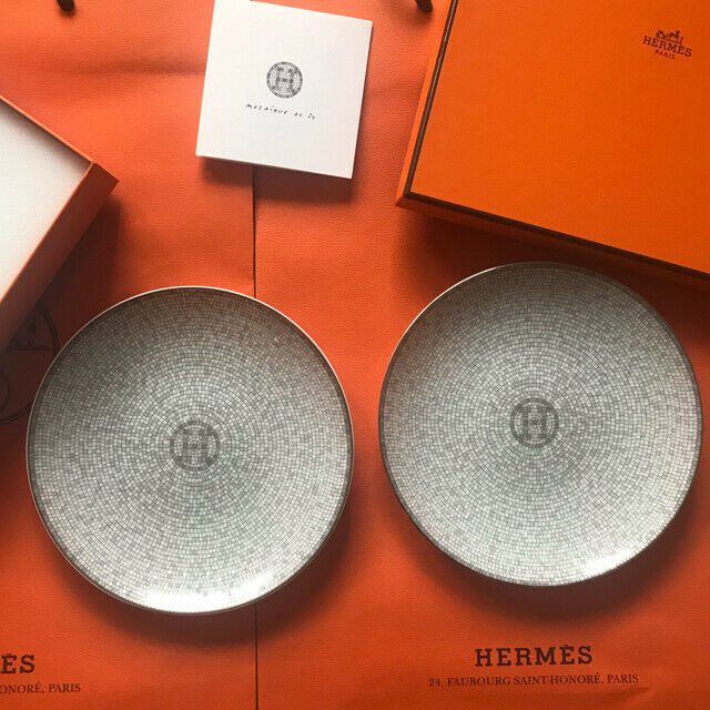 Hermes Mosaique au 24 Bread Plate 16 CM Set Of 2 Platinum Silver Porcelain - £359.54 GBP