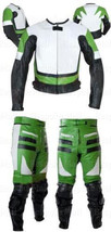 New Men&#39;s Motorcycle Racing Green White Leather Two Piece Suit Safety Pads-553 - £312.41 GBP