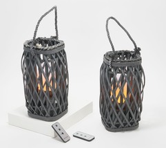 Barbara King Set of 2 12&quot; Square Wicker Lanterns w/ Tiki Flame in Grey - £54.25 GBP