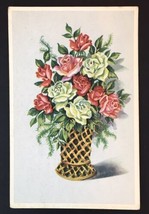 Vintage Flower Bouquet in Vase Postcard Unposted Pink Green Roses - £7.10 GBP
