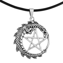 Mystical Dragon and Pentacle Star Round Sterling Silver Pendant Rubber Necklace - £21.67 GBP