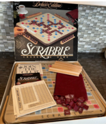 Vtg Scrabble Deluxe Rotating Turntable Maroon Tiles Wood Holders Complete - $58.49