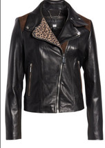 Bernardo Women&#39;s Leather Jacket Leopard Print Moto Black Small S MSRP $405 - £112.27 GBP