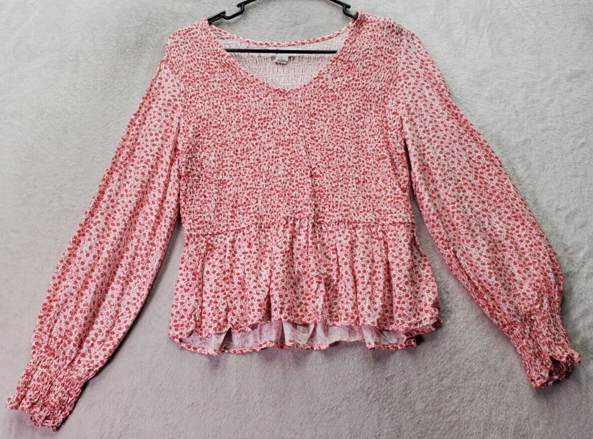 Japna Blouse Top Womens Large Red White Floral Rayon Ruched Long Sleeve ... - $19.79