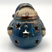 Folk art Pottery Snowman Tea Light Votive Candle Holder Stars Christmas ... - $34.65
