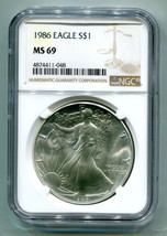 1986 AMERICAN SILVER EAGLE NGC MS69 BROWN LABEL PREMIUM QUALITY NICE COI... - $99.95
