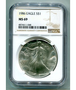 1986 AMERICAN SILVER EAGLE NGC MS69 BROWN LABEL PREMIUM QUALITY NICE COI... - £79.89 GBP