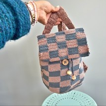 Crochet handmade Checkered Y2K aesthetic mini backpack neutral tones dus... - $24.74