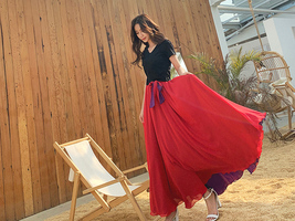 RED Floor Length Chiffon Skirt Outfit Women Plus Size Chiffon Maxi Skirt image 3