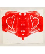 Original Abstract Art Ink Blot Mirror Image Reflection Red White 7&quot; Hearts  - £14.28 GBP