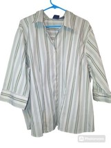 DCC Blouse Womens 3X Green Striped Button Up Stretch Shirt - £8.94 GBP