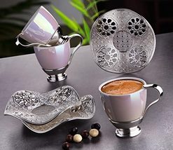 LaModaHome Pearl Espresso Coffee Cups with Saucers Set of 6, Porcelain Turkish A - £46.08 GBP