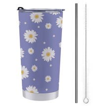 Mondxflaur Blue Daisy Steel Thermal Mug Thermos with Straw for Coffee - $20.98