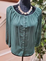H&amp;M Women&#39;s Solid Green 100% Polyester Balloon Sleeve Round Neck Blouse Size 6 - £19.14 GBP