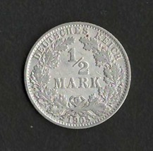 GERMANY 1905  Fine Silver Coin 1/2 Mark KM # 17                  dc9 - $11.75