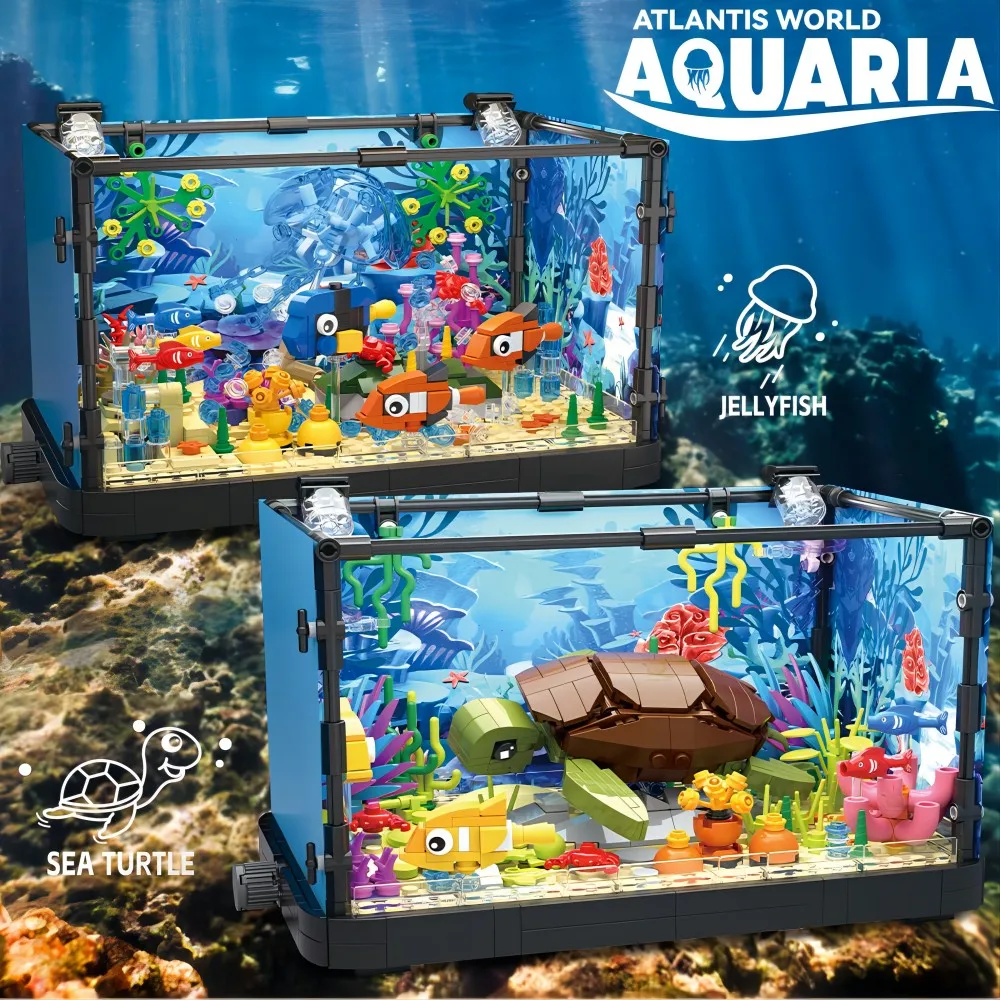MOC Building Blocks Fishbowl Aquarium Sea Turtle Shark Fish Tank With Light - £69.83 GBP+