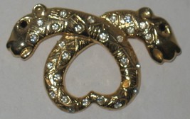 Vintage Brass Rhinestones Spots Two Leopards Heart Brooch Pin Costume Jewelry - £7.10 GBP