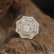 1.72 Ct Round &amp; Baguette Diamond Flower Engagement Ring 14k White Gold Over - £111.64 GBP