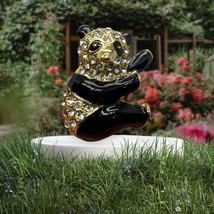 Black enamel Gold Tone with Rhinestones PANDA BEAR brooch pin , Vintag - $16.62