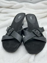 BASS Womens Sz 8 1/2M Black Leather Slip On Wedge  Heel 2 1/4” Sandals Good Cond - £19.10 GBP