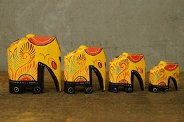 Vintage Folk Art Hand Painted Yellow Carved Wood Figurines Asian Elephan... - $28.70