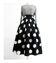Women Winter Polka Dot Holiday Skirt A-line Black Wool-blend Pleated Skirt Plus 