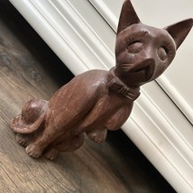Vintage Wood Wooden Sad Cute Cat Kitty With Bow 8.5” - £18.79 GBP