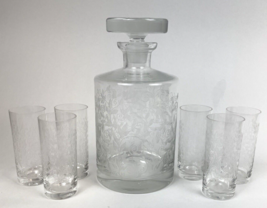 Vintage Etched Glass Decanter Set 7 Cordial Shot Glasses Bar Vines Leaves - £32.25 GBP