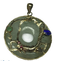 Estate Jade 14K Yellow Gold Chinese Round Dangle Pendant 5.5Grams Missing 2 Ston - £187.78 GBP