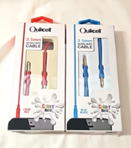 Lot of 2 QuikCell Auxiliary Audio Cable 3.5mm Liquid Red Blue Blaze 3Ft 1M Color - £11.35 GBP