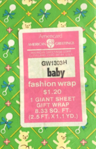 Vintage Gift Wrap Baby Shower Bear Rattle Flowers Diamond Print Green Yellow - £8.39 GBP