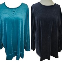 2 Woman Within 1X Velour Tops Long Sleeve Soft Stretch Shirt Black Green Holiday - $33.69