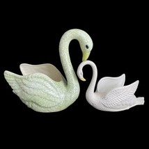 Swan Planters 2 Ceramic 11” and 7” Lime Green White Spatter Vtg Mid Century - £39.80 GBP