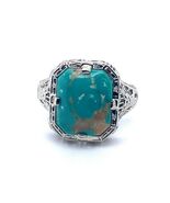 Art Deco 14k White Gold Genuine Natural Turquoise Filigree Ring (#J5216) - $13,660.93 MXN