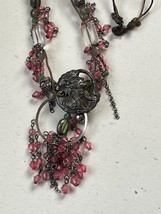 Black &amp; Brown Thin Cord w Pink &amp; Green Plastic Fringe Beads &amp; Fairy Nymph Pendan - £7.46 GBP
