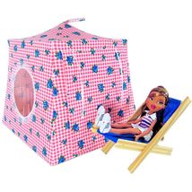 Rs  pink and white check toy play pop up tent  2 sleeping bags  flower print fabric  3  thumb200